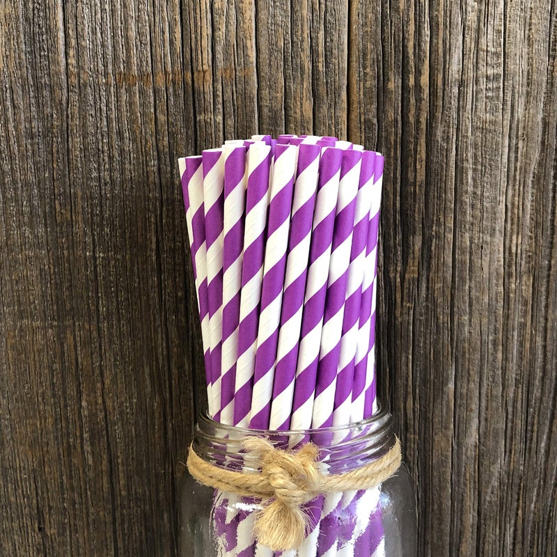 Outside the Box Papers Striped Paper Straws - Purple White - 7.75 Inches - Pack of 100 Outside the Box Papers Brand - Image 2